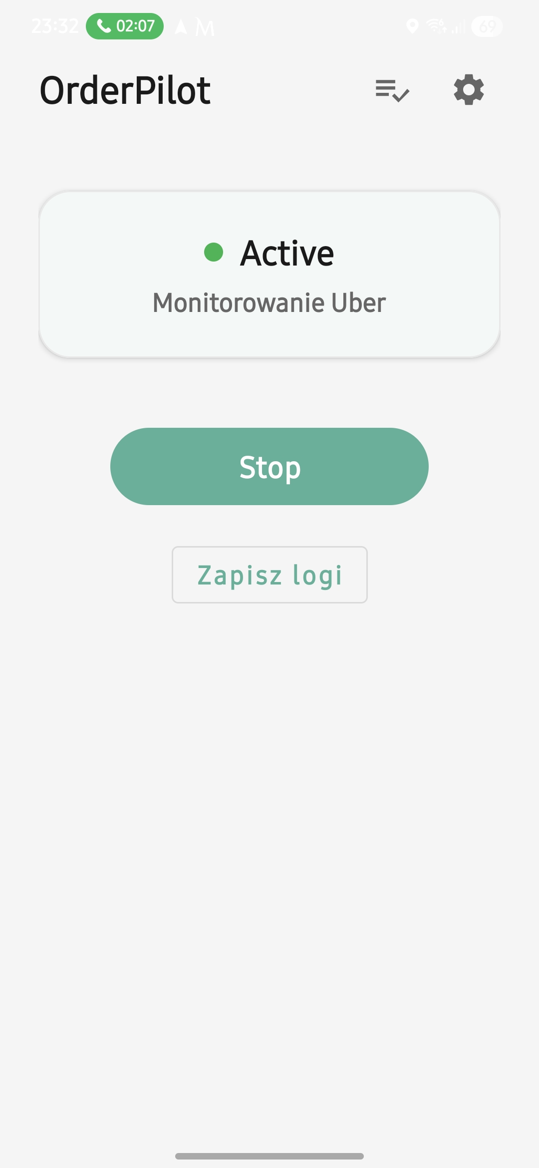 OrderPilot — ekran główny, jeden przycisk Start
